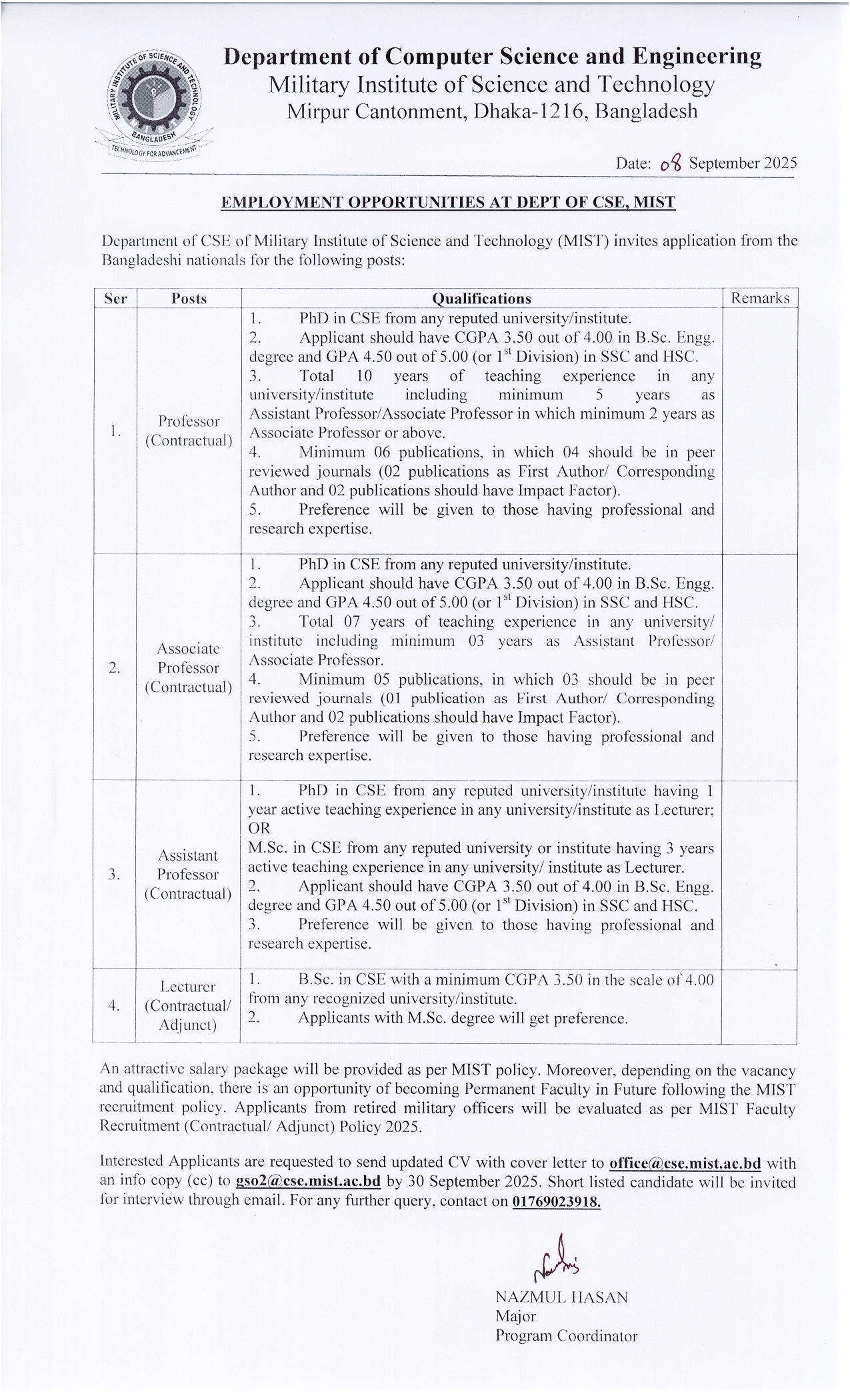 Employment Opportunities in Department of CSE of MIST